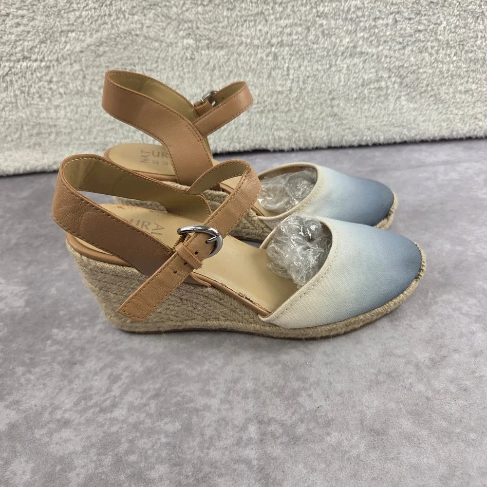 Naturalizer Womens Blue Ombre Canvas Espadrille Wedge Sandals Tan Ankle Strap